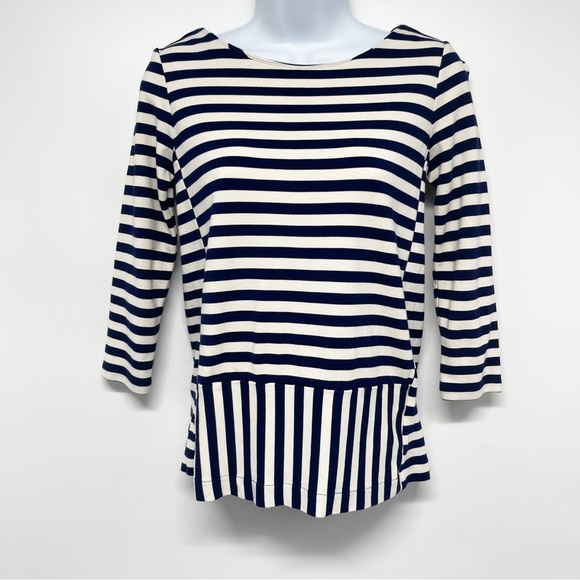 Madewell Stripe Turn Ponte Peplum Knit Top Blouse Navy Blue XS 08831 - Picture 2 of 7